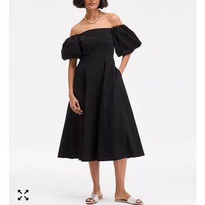 Off-Shoulder Black Midi Dress with Puff Sleeves and A-Line Skirt